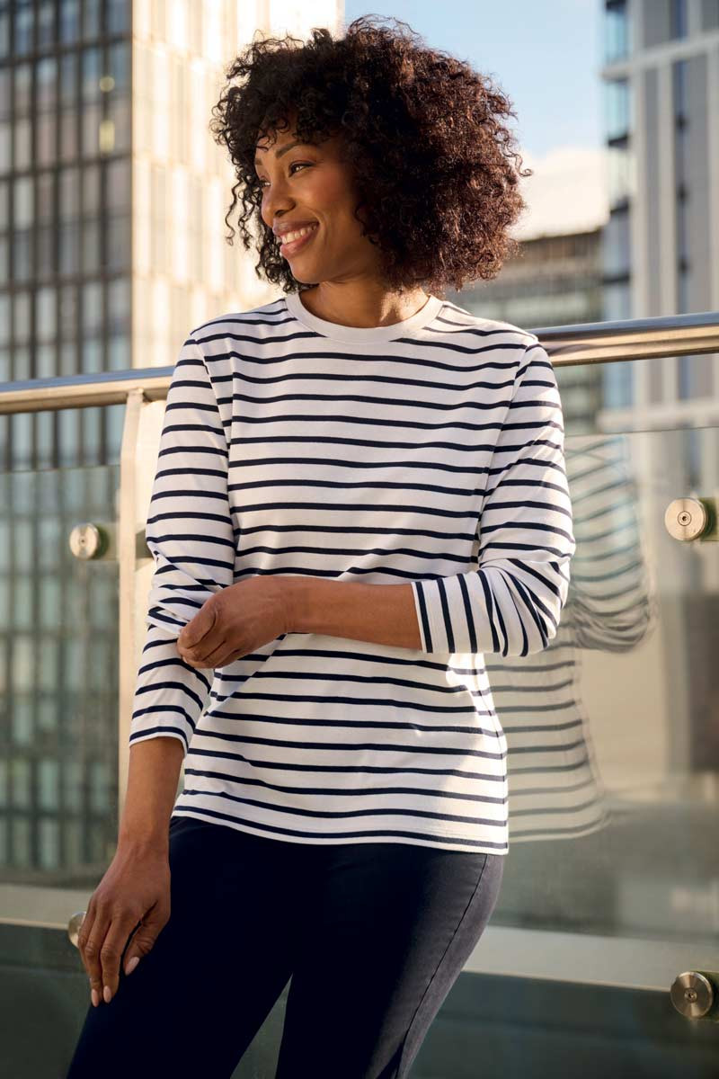Lucy Women’s White and Navy Striped Long-Sleeve Sailor Shirt