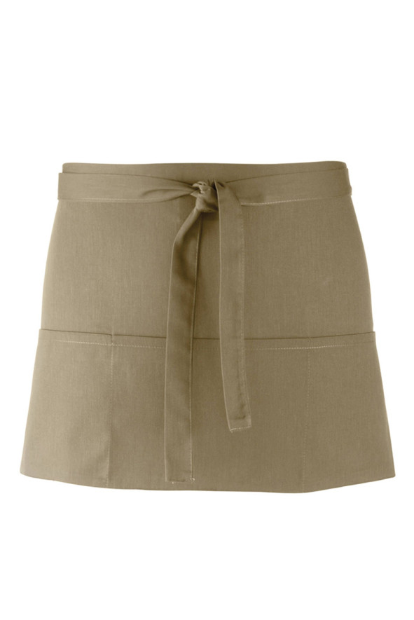 Short olive green apron with 3 pockets