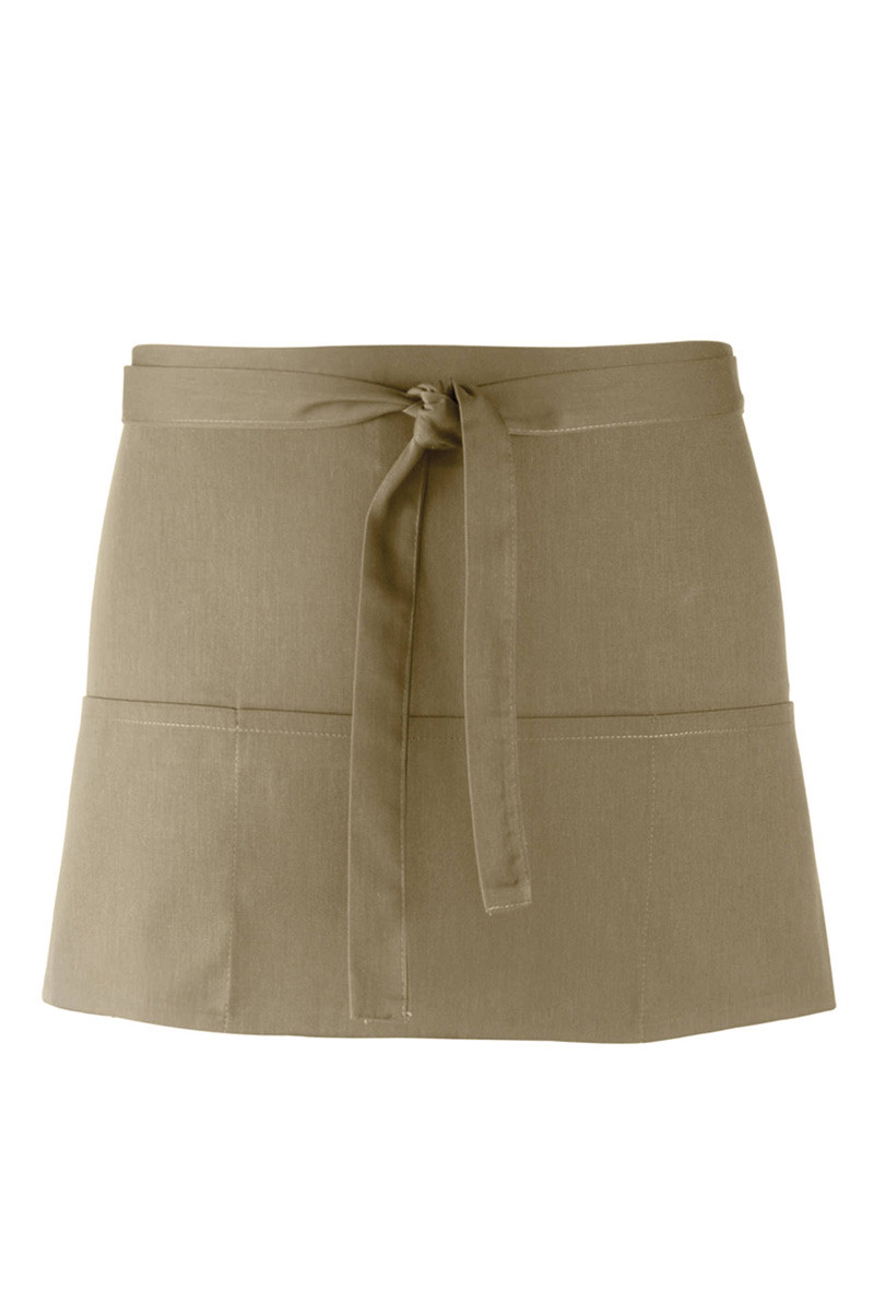 Short olive green apron with 3 pockets