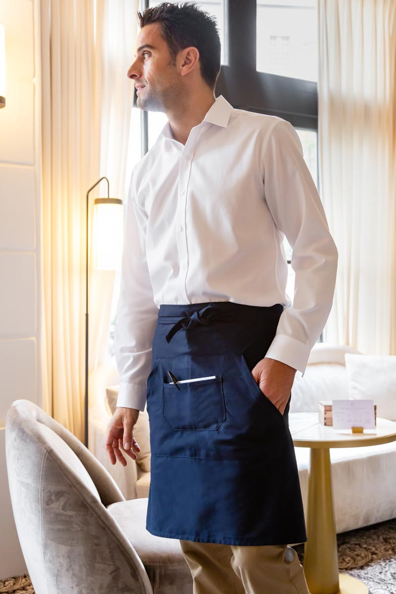 Unisex navy mid-length multi-pocket apron