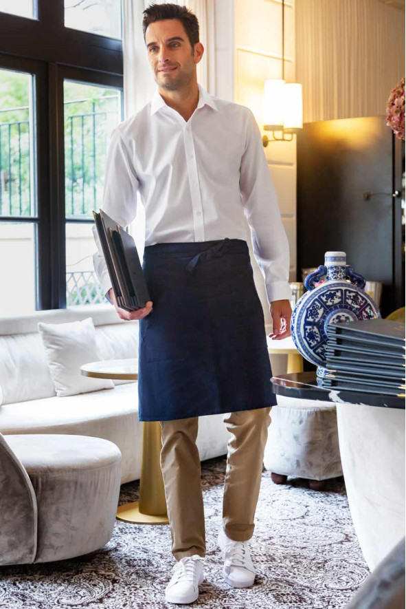 Unisex navy mid-length multi-pocket apron