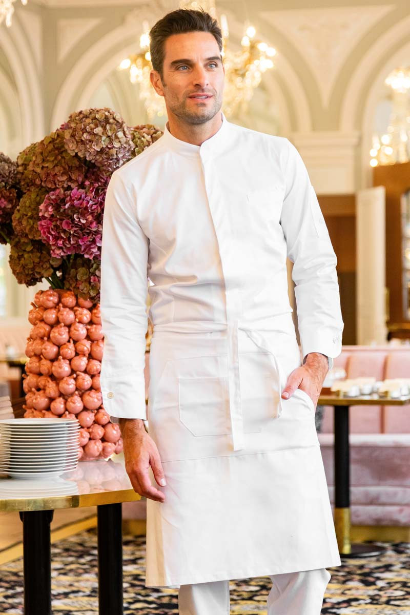 Unisex multi-pocket long white apron for barman and chefs